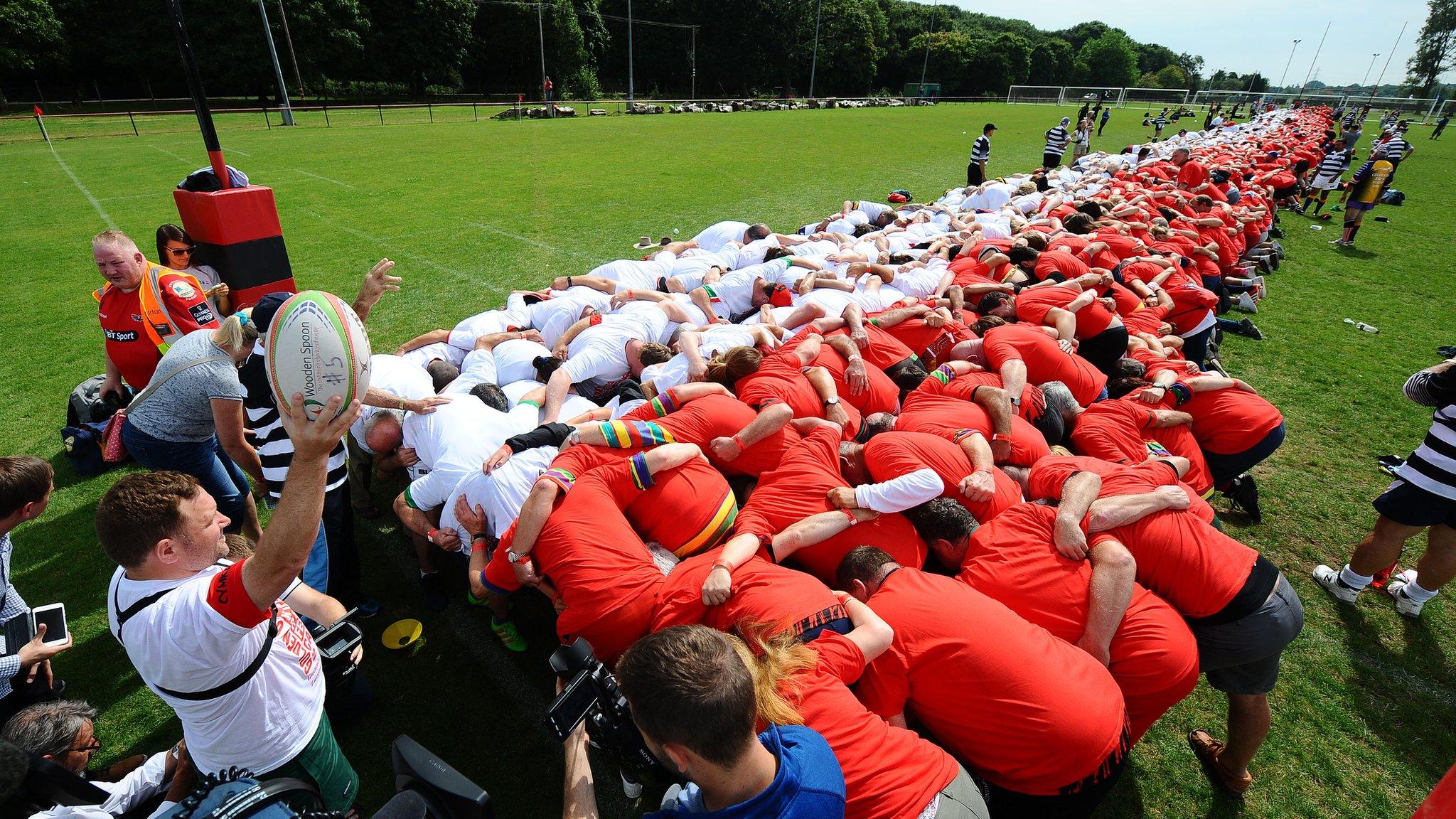 Rugby players attempt a scrum world record at University Fields in the Llanrumney area Cardiff
