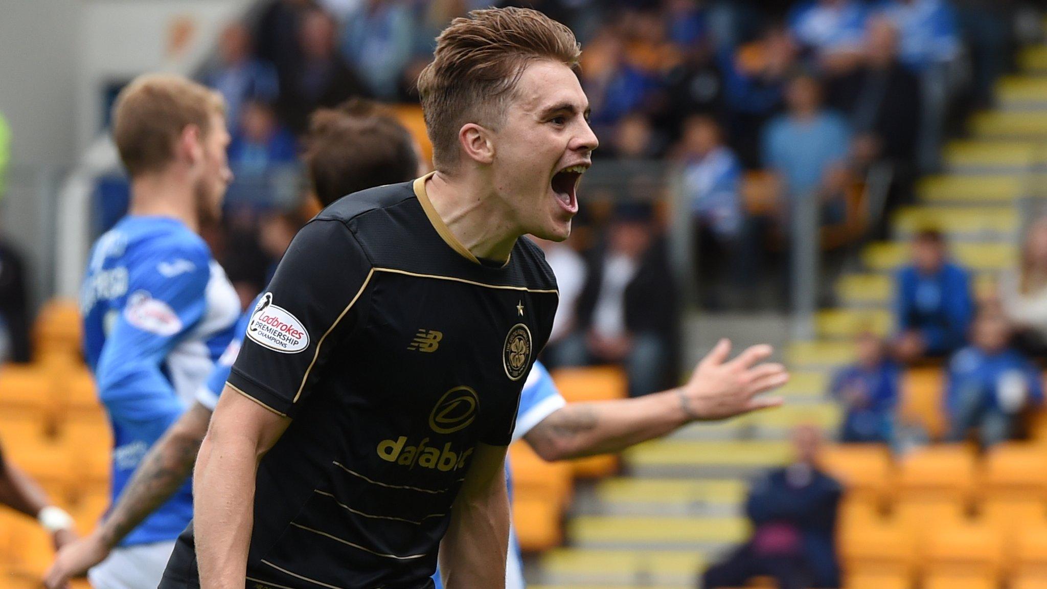 James Forrest celebrates scoring Celtic's third goal against St Johnstone