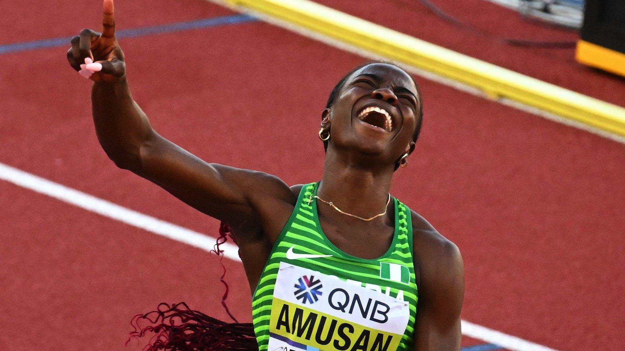 Tobi Amusan after winning 100m hurdles gold at the World Athletics Championships in Eugene