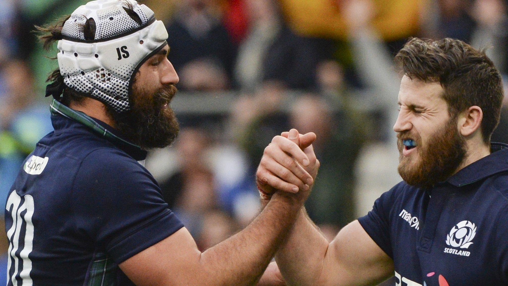 Josh Strauss (left) celebrates Tommy Seymour's try against italy