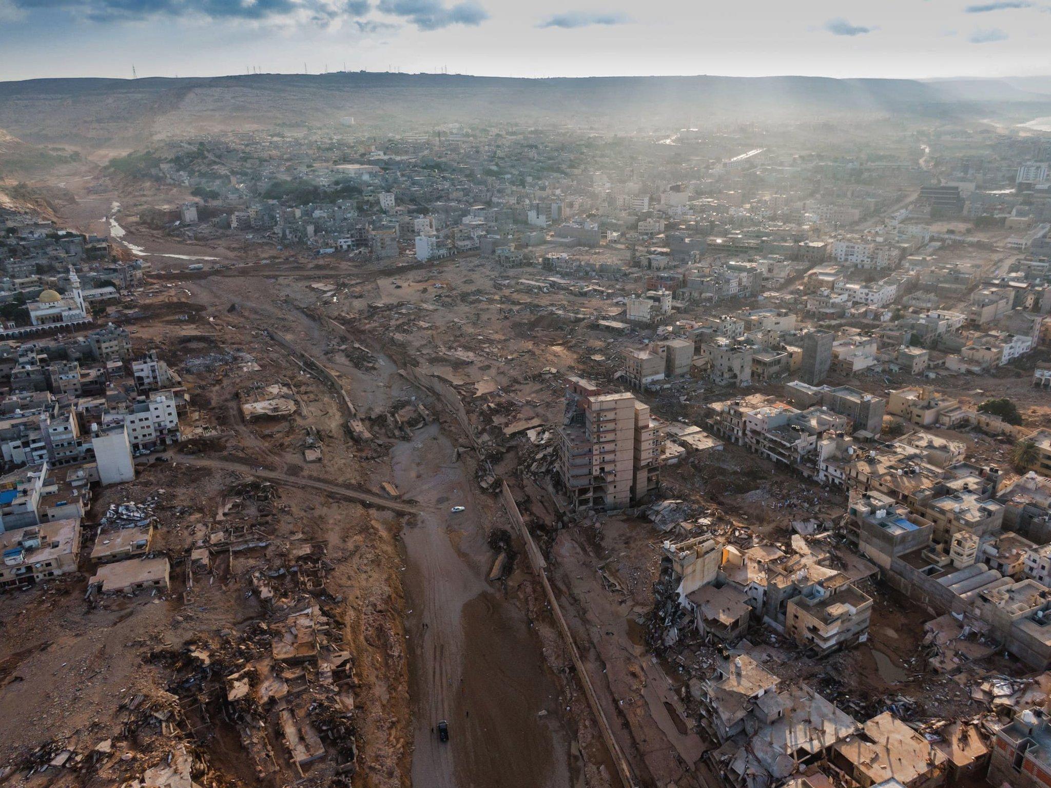 An aerial shot of Derna showing flood damage