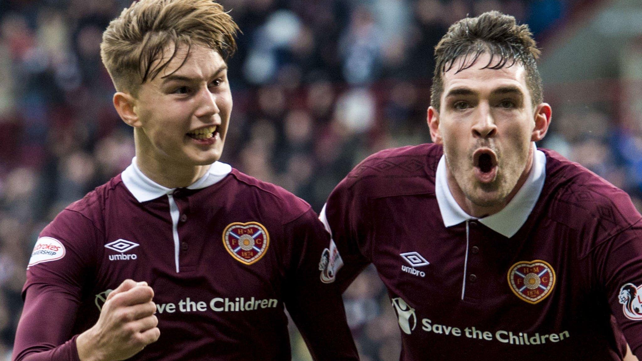 Hearts' scorers Harry Cochrane and Kyle Lafferty celebrate against Celtic