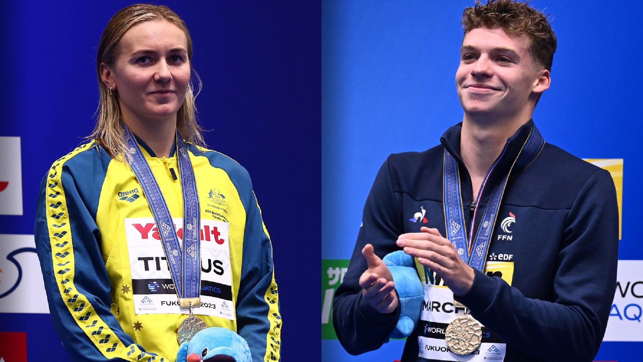 Ariarne Titmus and Leon Marchand on the podium at the World Aquatics Championships