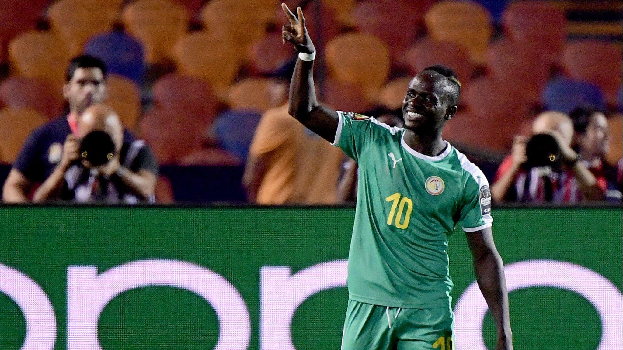 Sadio Mane celebrates scoring for Senegal against Uganda at the Africa Cup of Nations