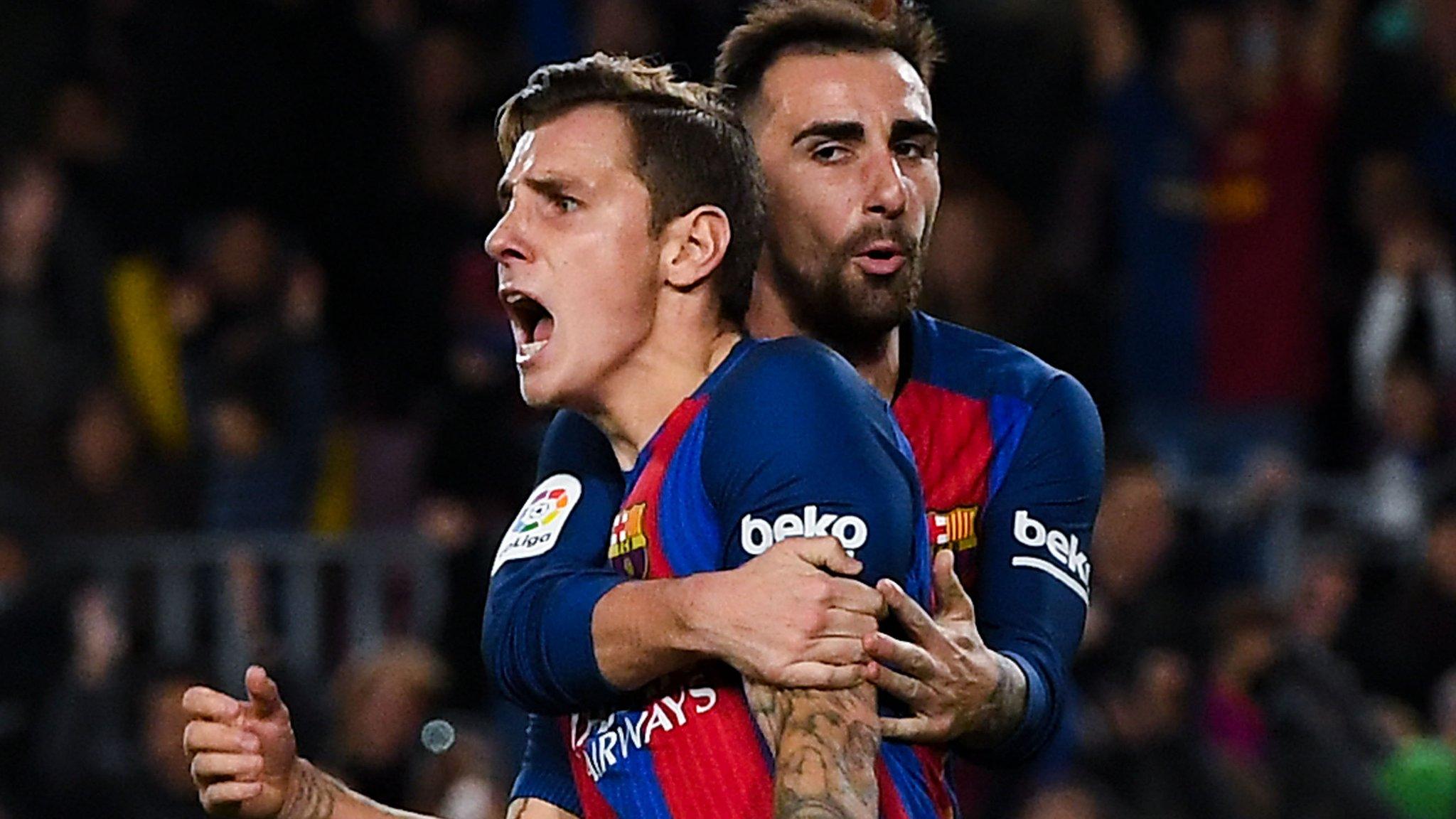 Lucas Digne of FC Barcelona celebrates