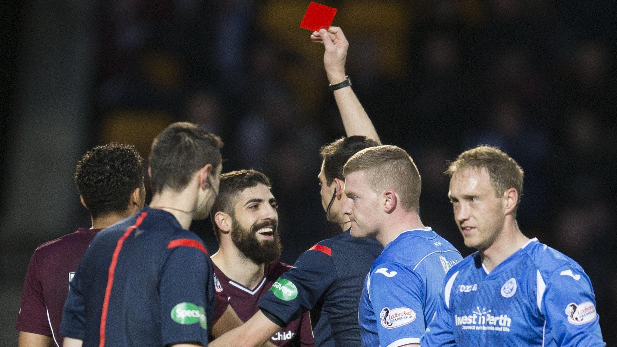 Hearts forward Juanma is sent off against St Johnstone