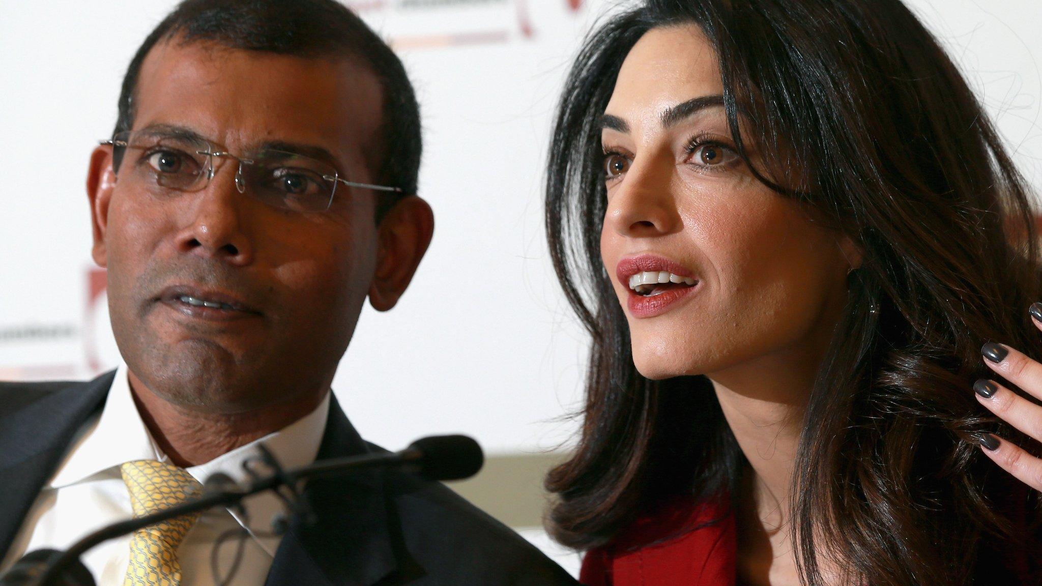 Mohamed Nasheed and Amal Clooney attend a press conference at Doughty Street Chambers on January 25, 2016 in London, England.