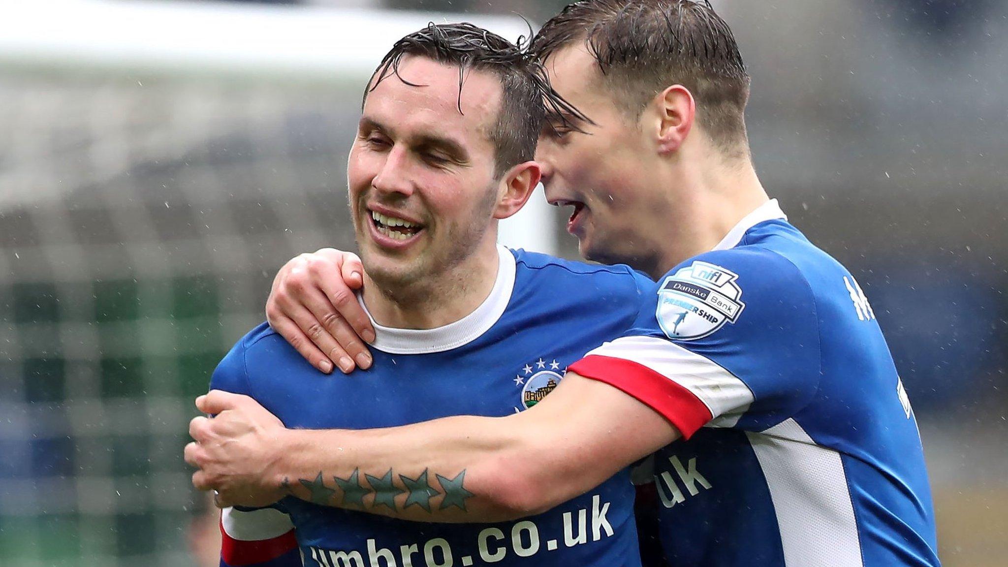 Andrew Waterworth celebrates his 100th goal for Linfield in the Windsor Park win over Ards