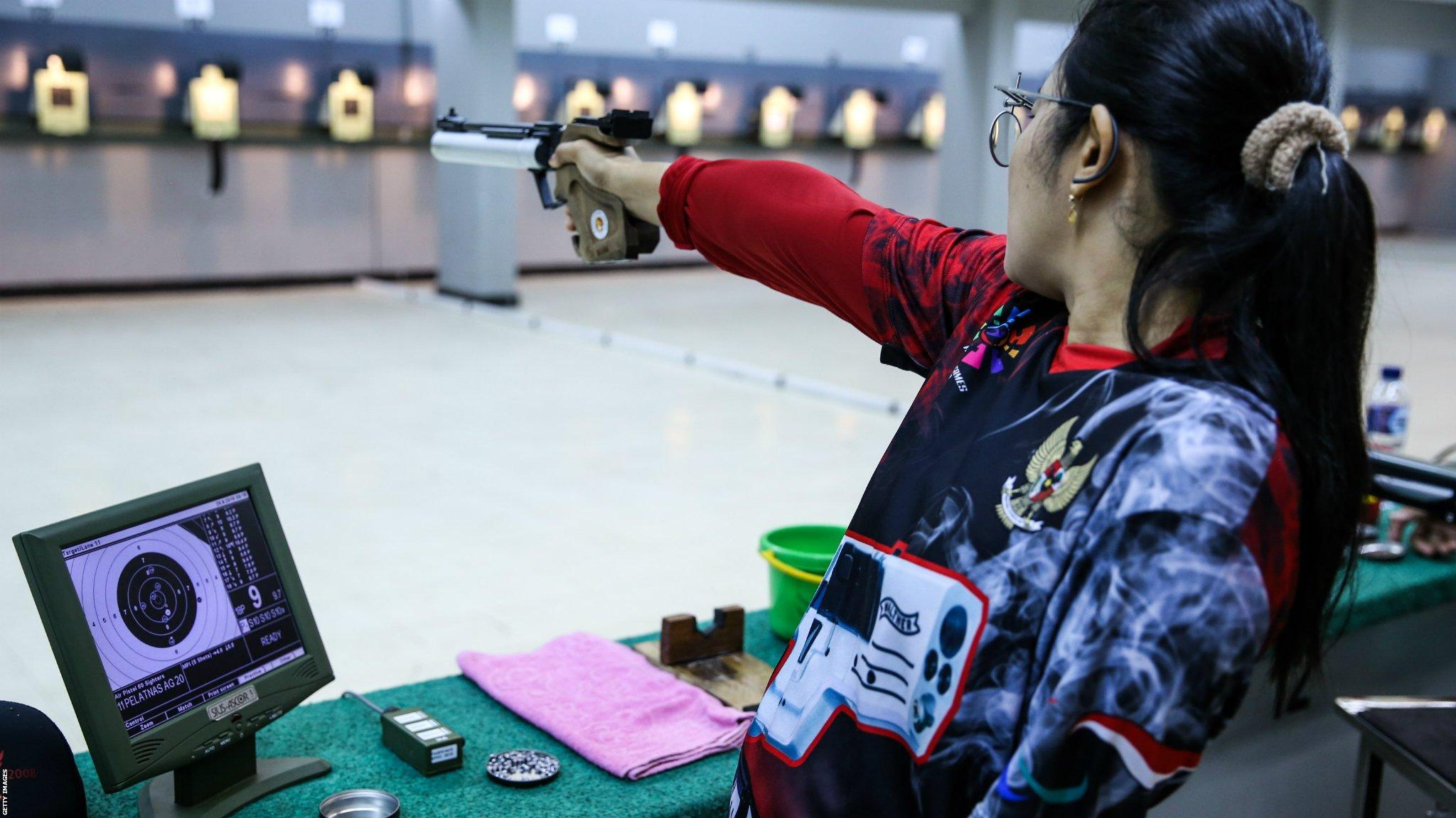 Jakarta, Indonesia, 28 September: An Indonesian player takes part in a shooting practice session ahead of the 2018 Asian Para Games, which begin on October 6 and will see around 3,000 disabled athletes from 41 countries take part in 18 sports. (Photo by Andrew Lotulung/NurPhoto via Getty Images)