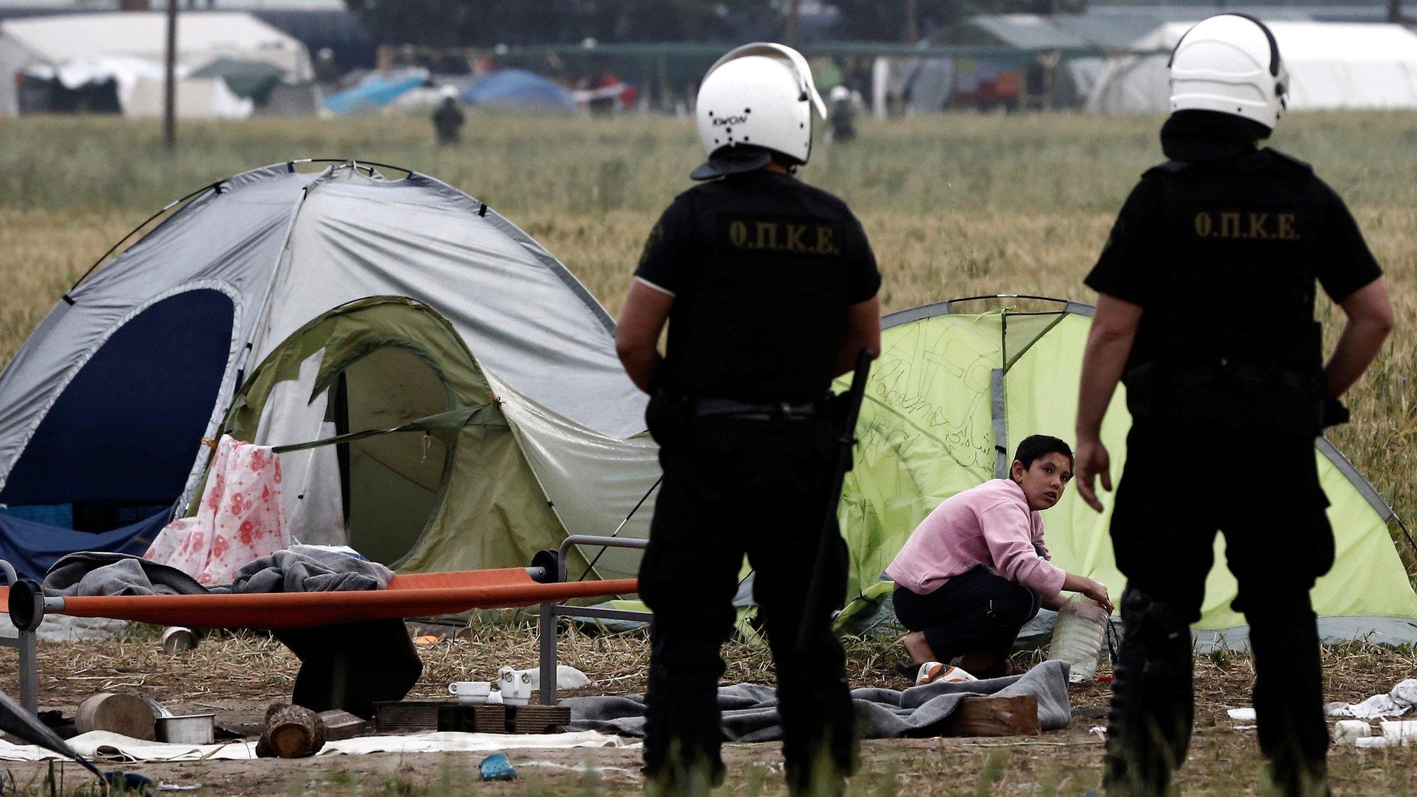 Police at Idomeni camp, Greece, on 24 May 2016