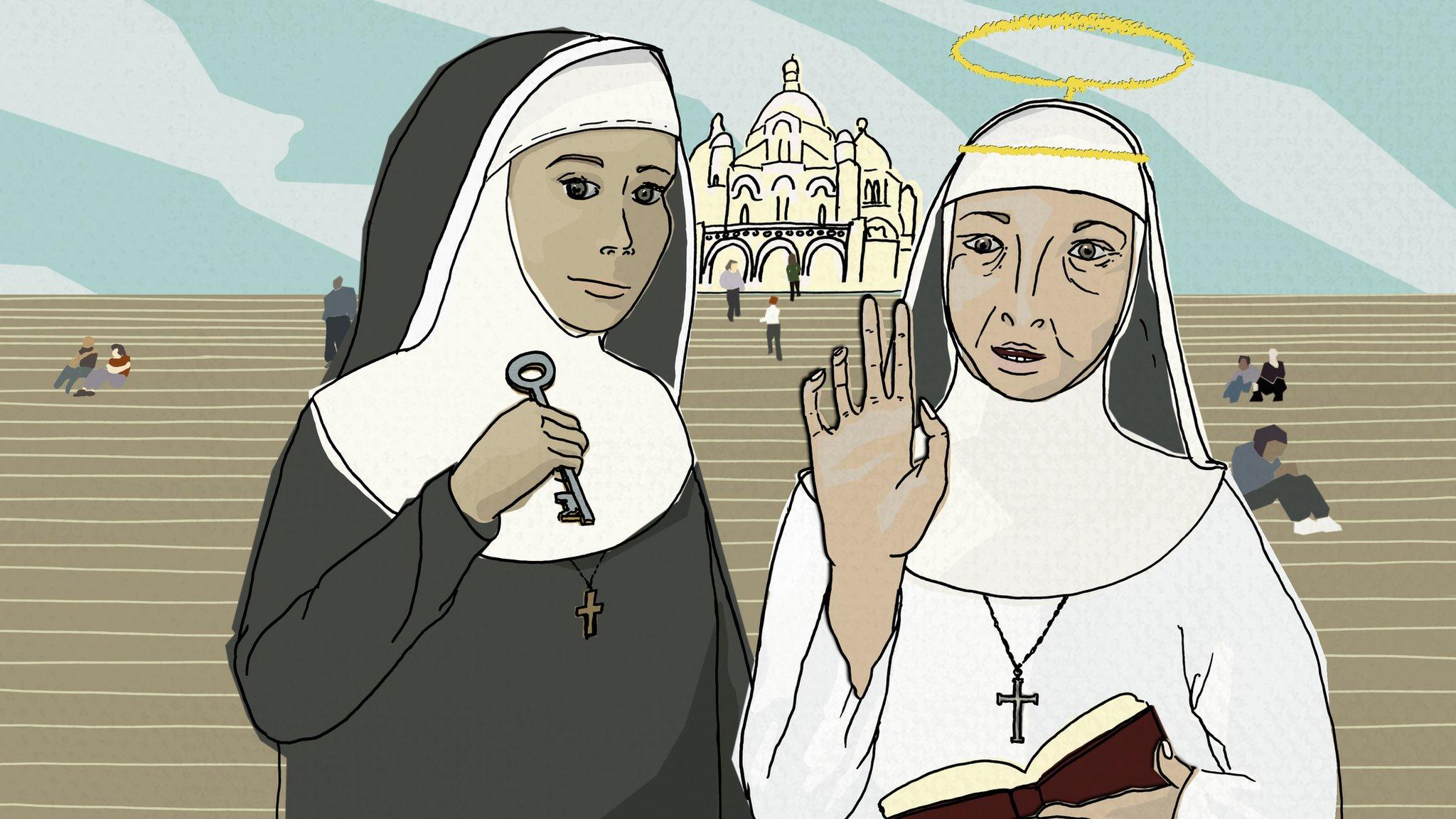 Illustration of nuns on the steps in front of Sacre-Coeur