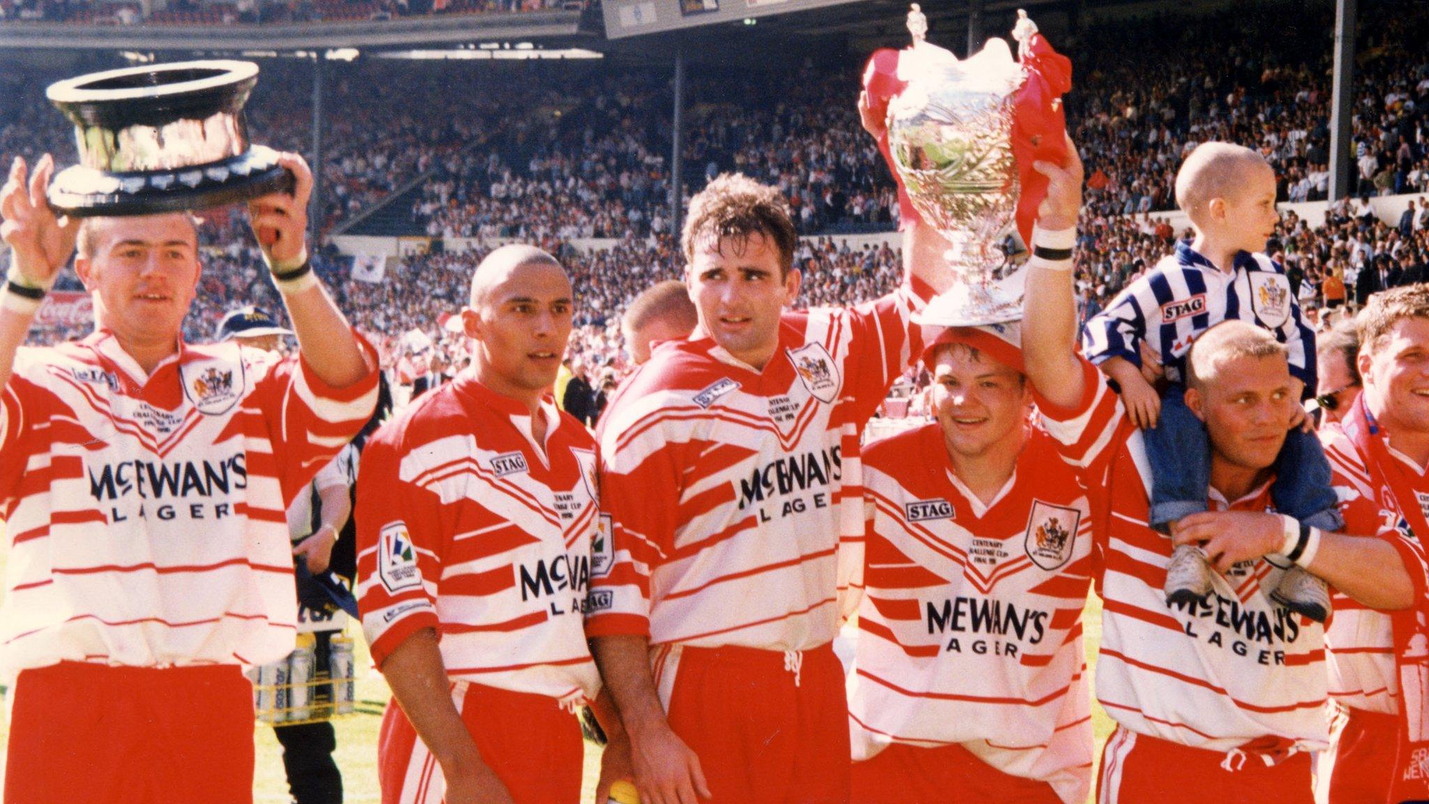 St Helens celebrate with the Challenge Cup in 1996