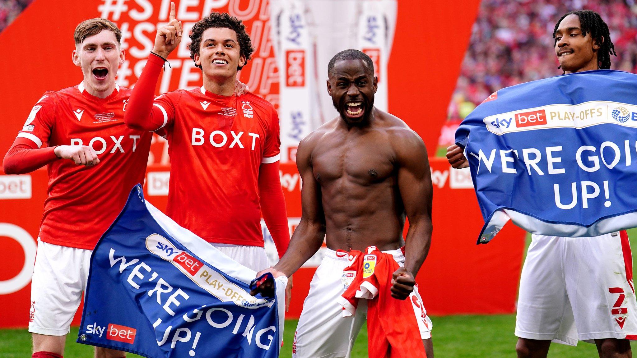 Nottingham Forest's James Garner, Brennan Johnson, Keinan Davis and Djed Spence celebrate winning promotion to the Premier League