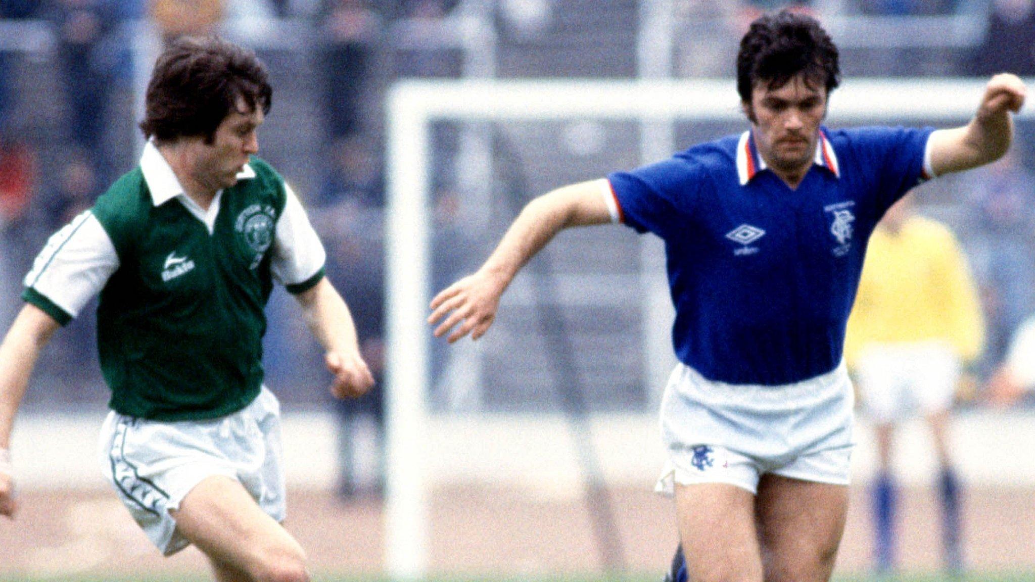 Hibs' Ally MacLeod (left) with Davie Cooper of Rangers