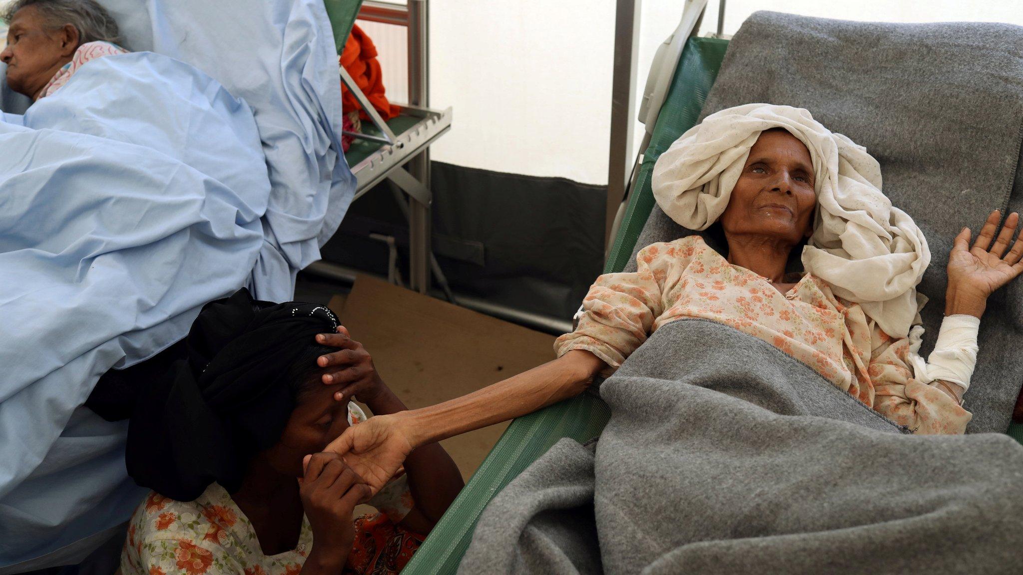 Elderly Rohingya refugees at the Norwegian-Finnish Red Cross field hospital at Kutupalong refugee camp near Cox's Bazar, Bangladesh, November 22, 2017