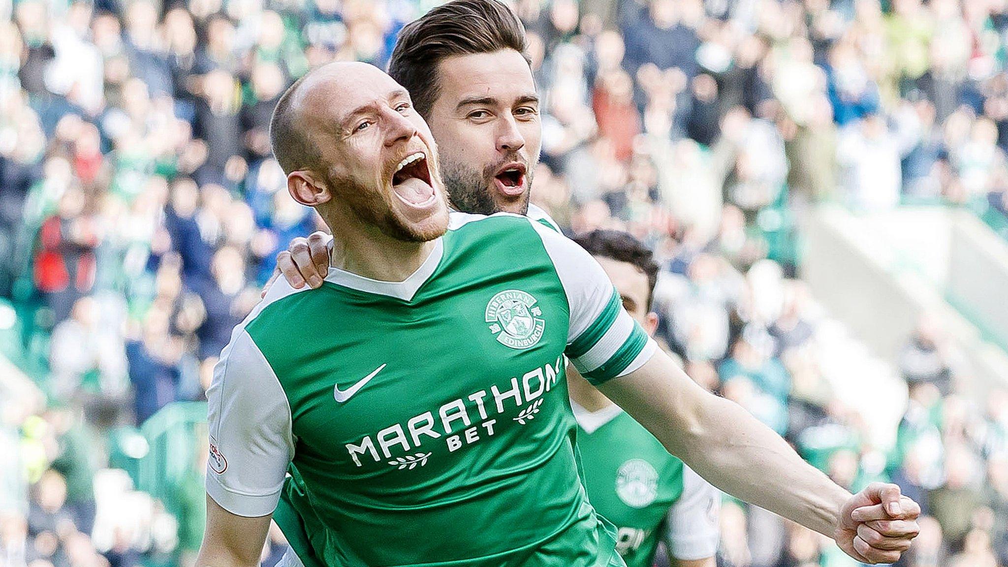 Hibs captain David Gray celebrates scoring their third goal in the 3-0 win over Queen of the South