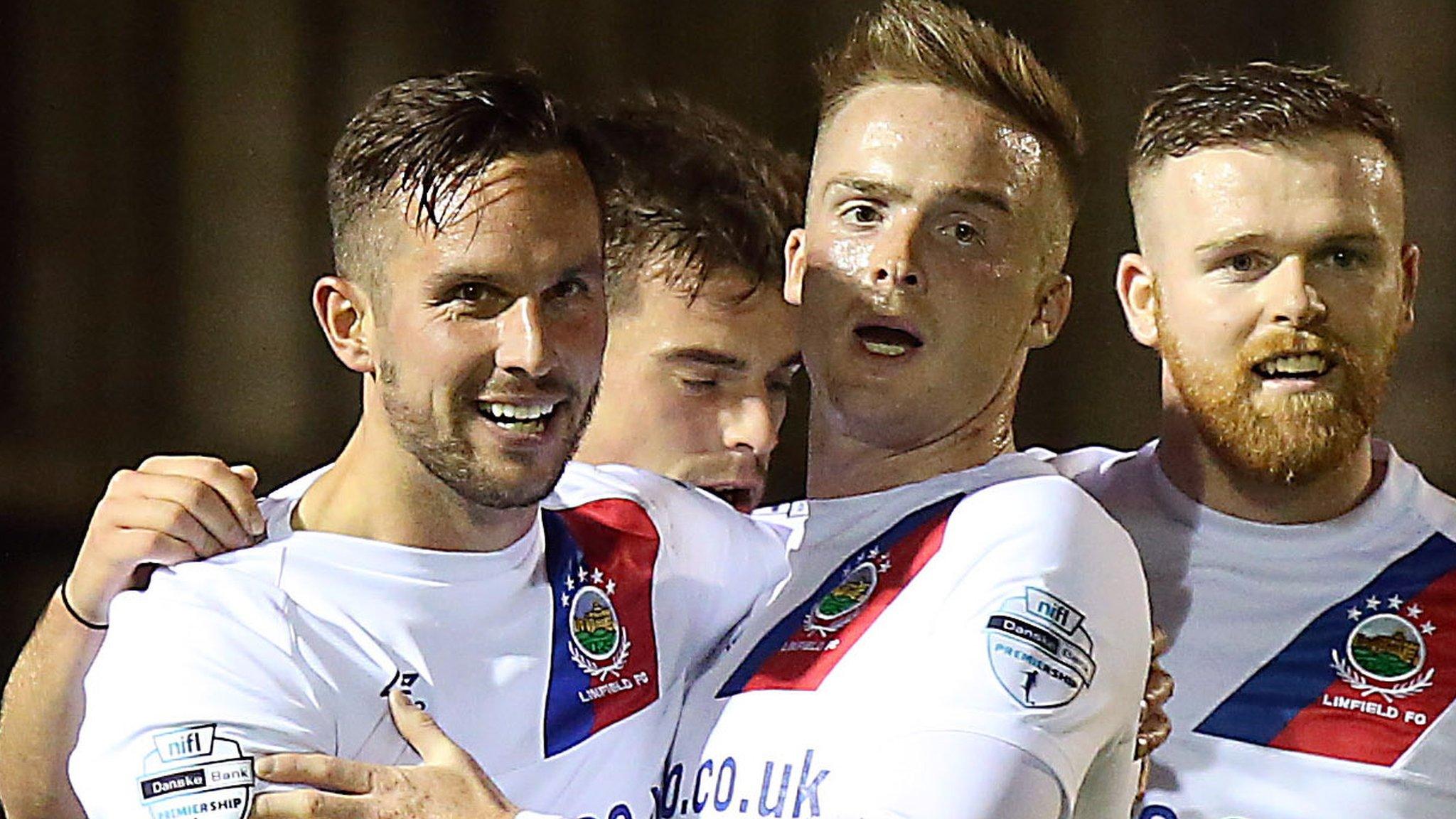 Andrew Waterworth celebrates scoring against the Mallards on his Linfield comeback