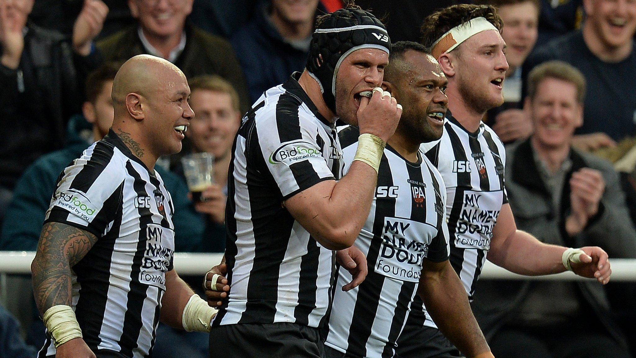 Newcastle Falcons players celebrate Niki Goneva's try at St James' Park