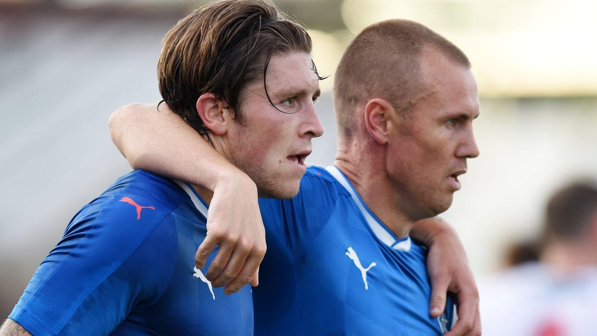 Rangers players Josh Windass and Kenny Miller celebrate their second goal against East Stirlingshire