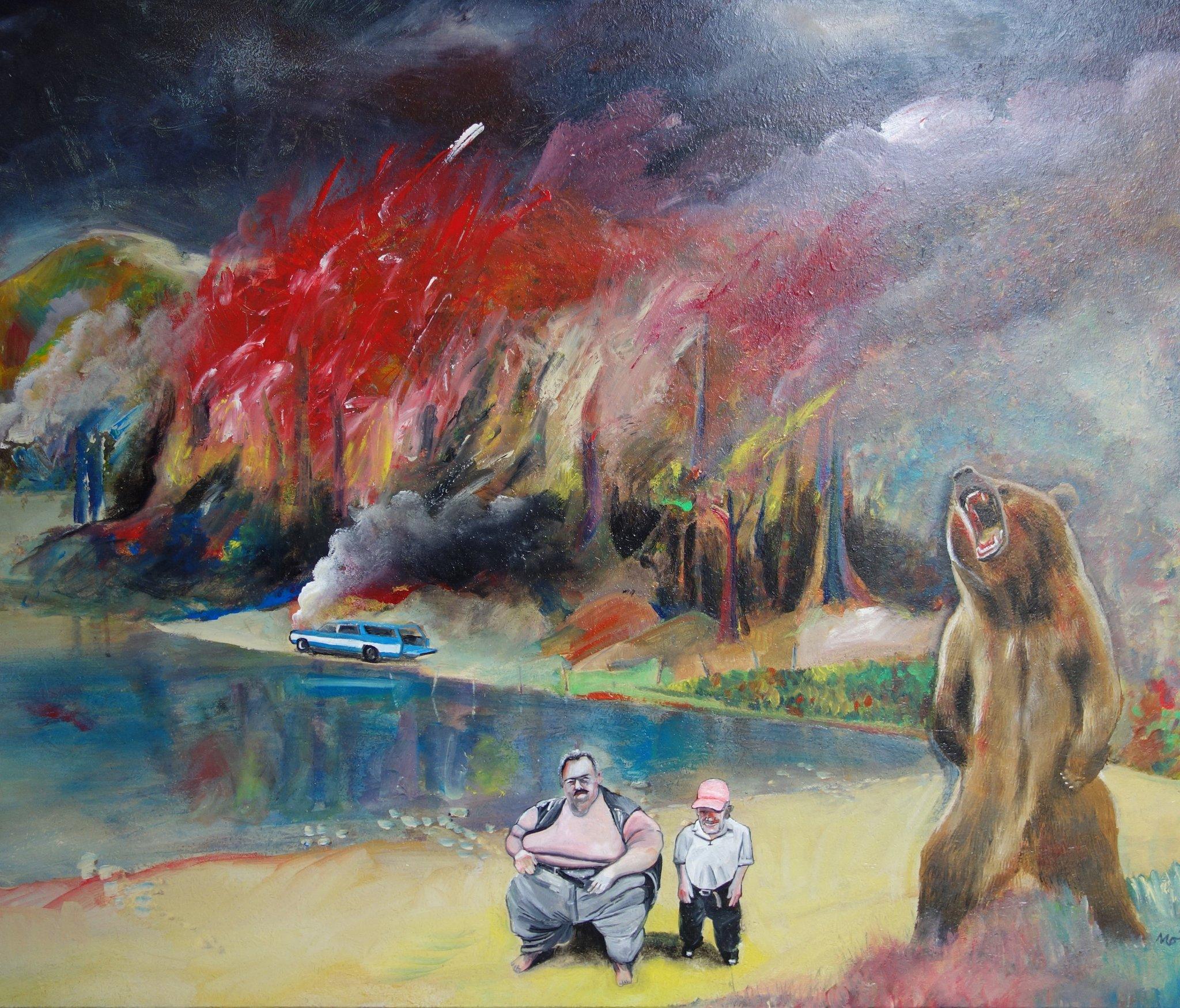 Car, fire, bear by Jim Moir