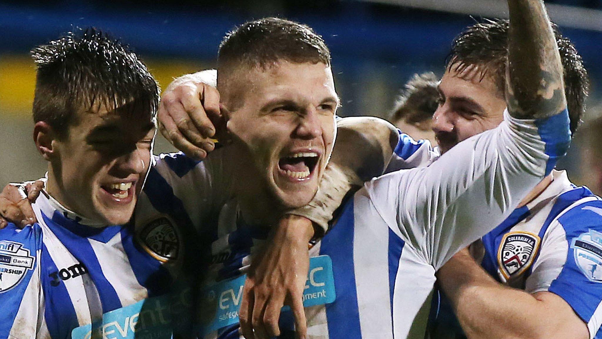 Jordan Allan (centre) is congratulated after putting Coleraine ahead against Crusaders at the Showgrounds