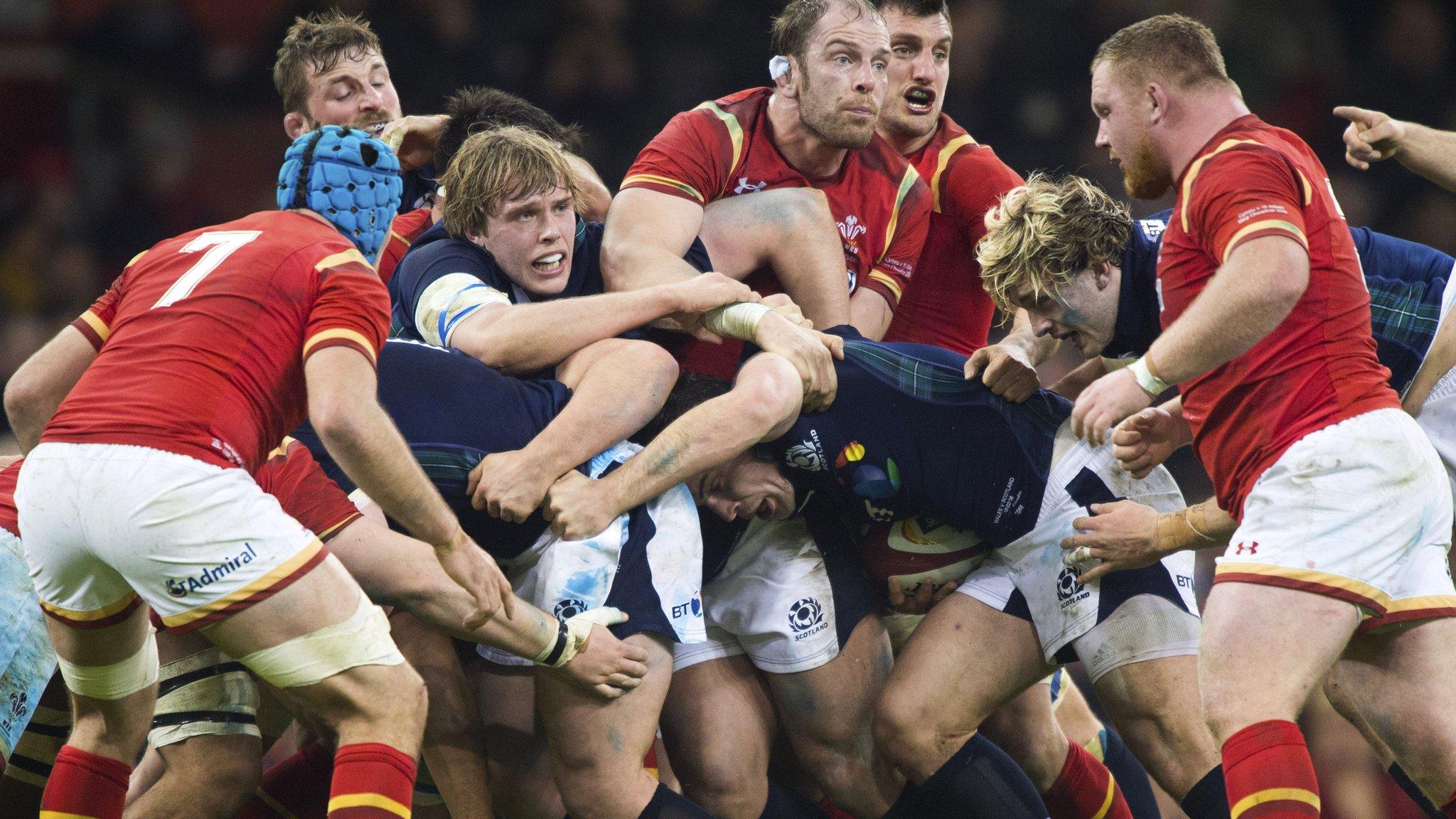 Scotland and Wales players in a maul during their Six Nations match