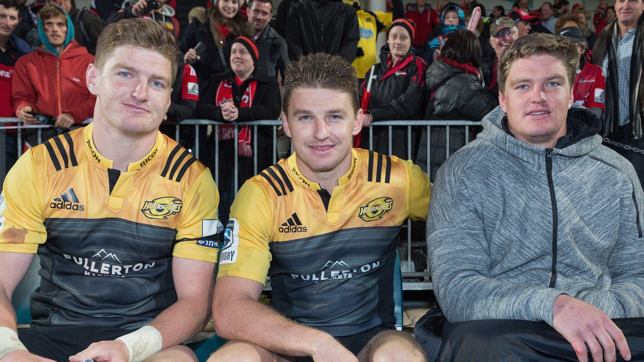 Jordie Barrett of the Hurricanes, Beauden Barrett of the Hurricanes and Scott Barrett of the Crusaders