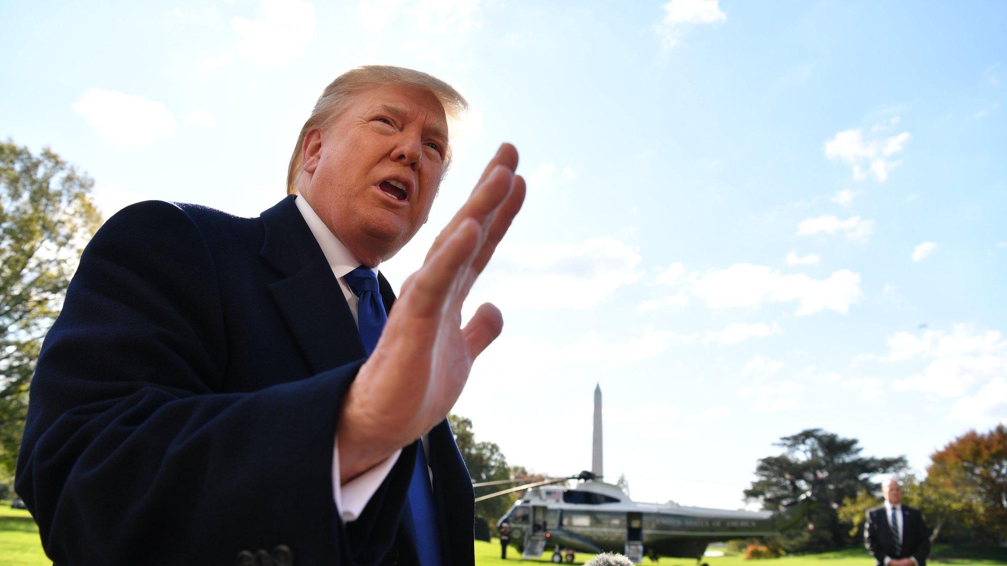 US President Donald Trump speaks to the press before departing the White House in Washington, DC on November 8, 2019.