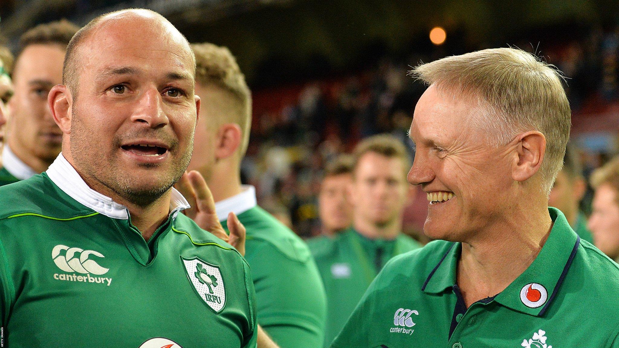 Ireland coach Joe Schmidt congratulates skipper Rory Best after the team's first ever Test win in South Africa