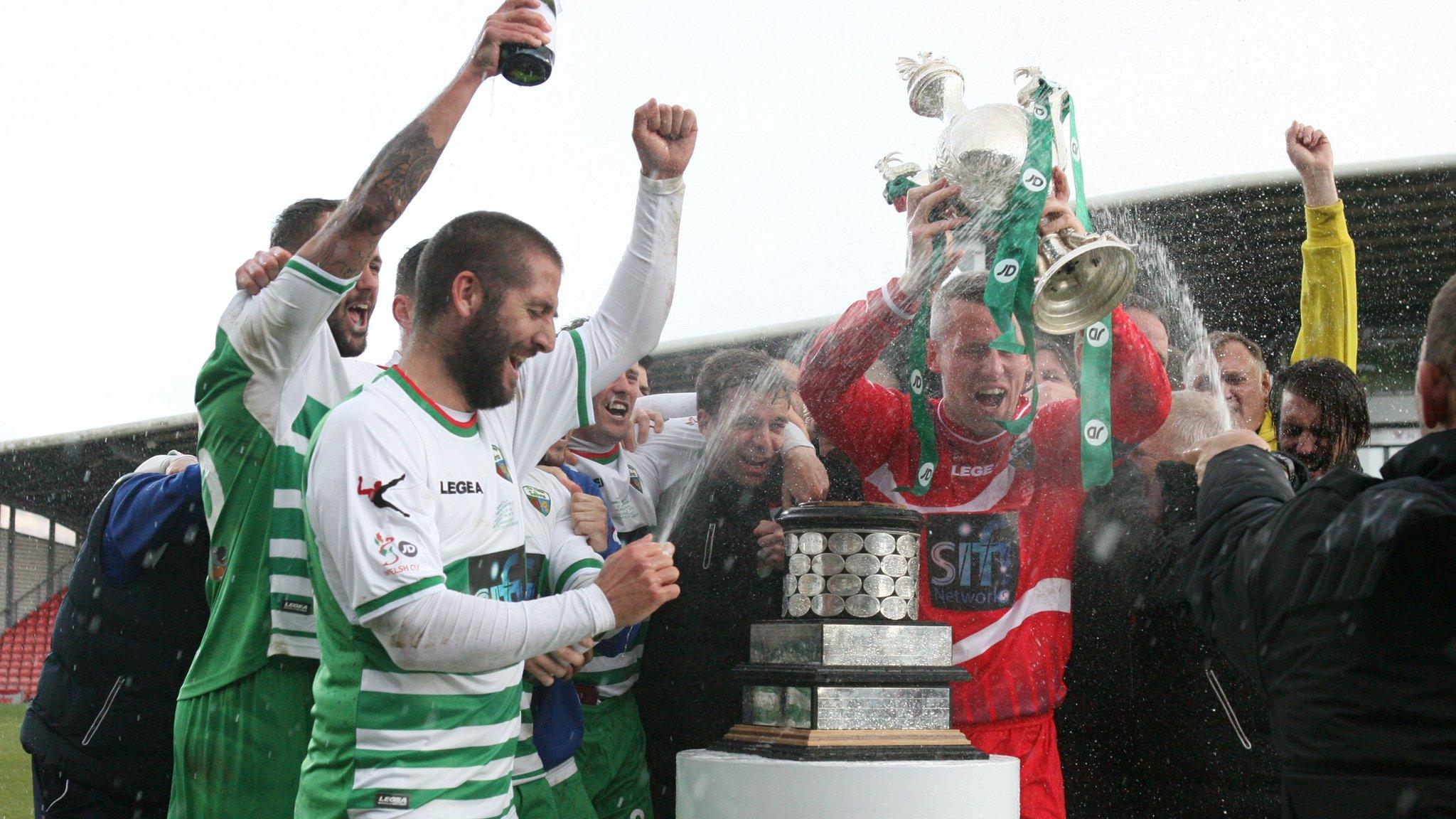 New Saints players celebrate their Welsh Cup win over Airbus UK