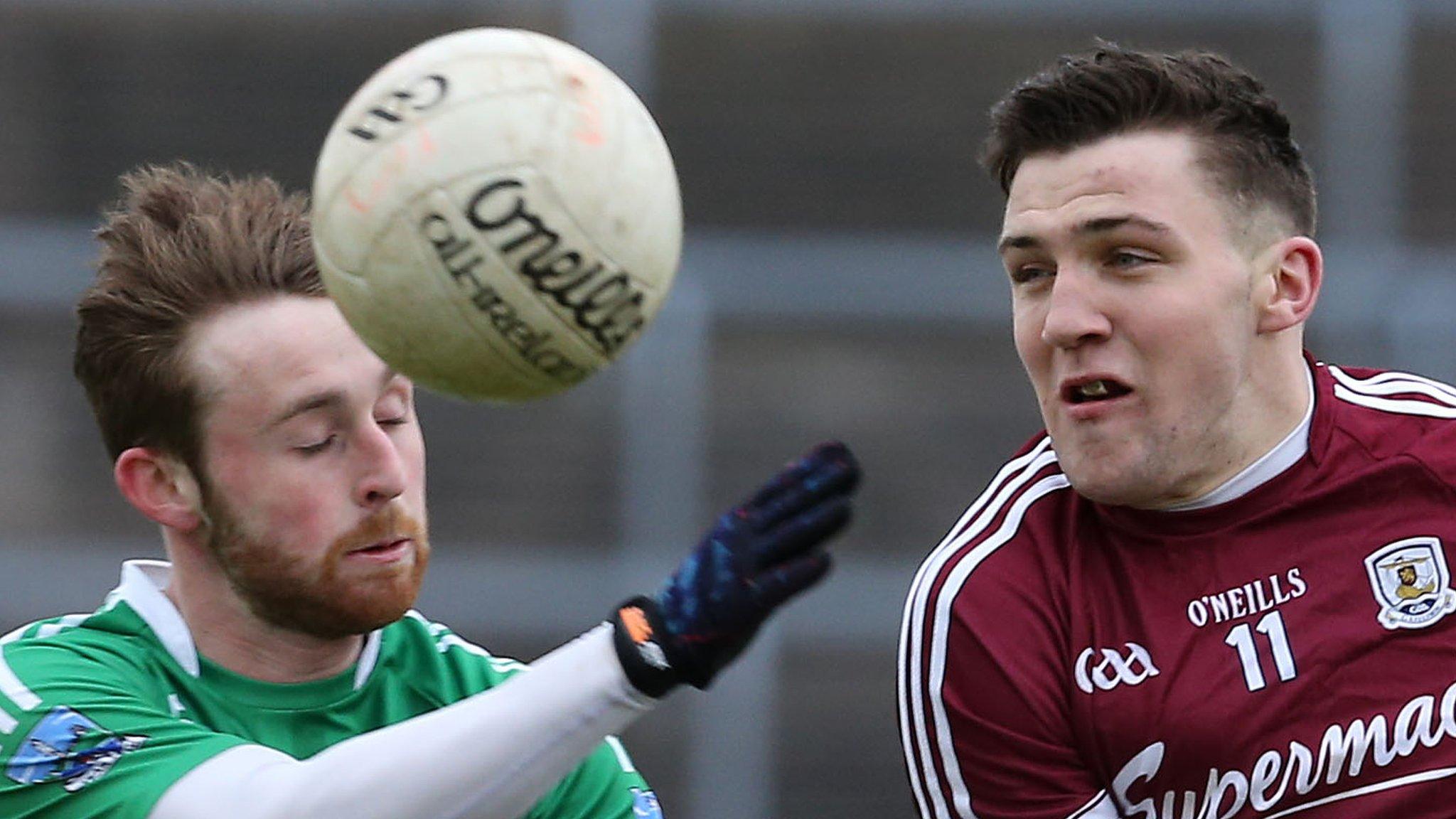 Fermanagh's Paul McCusker battles with Galway goalscorer Damien Comer