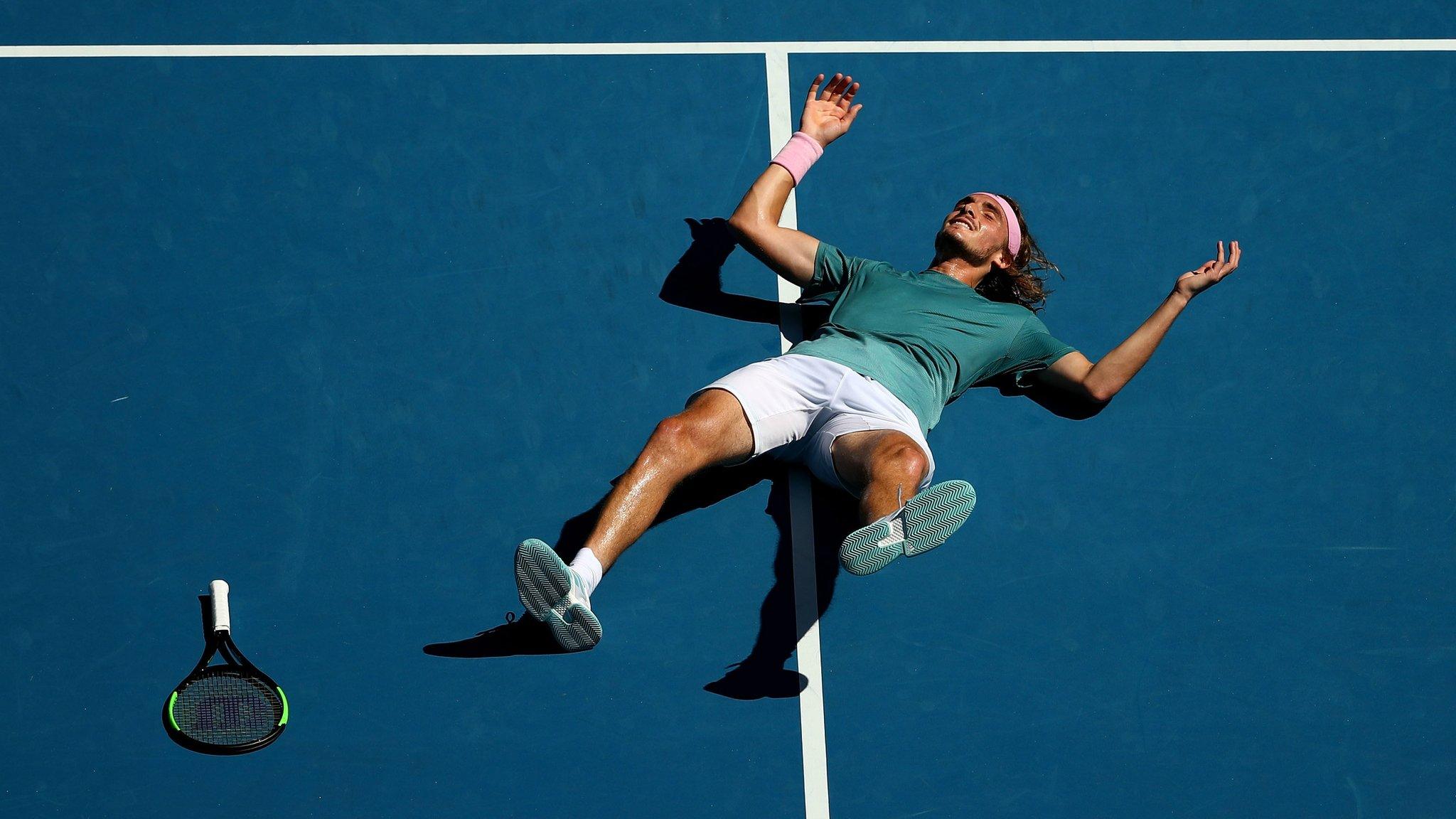 Melbourne, Australia, 22 January: Greece's Stefanos Tsitsipas, 20, basks in the glory of his quarter-final victory over Spain's Roberto Bautista Agut in the men's quarter-finals of the Australian Open at Melbourne Park. (Photo by Cameron Spencer/Getty Images)