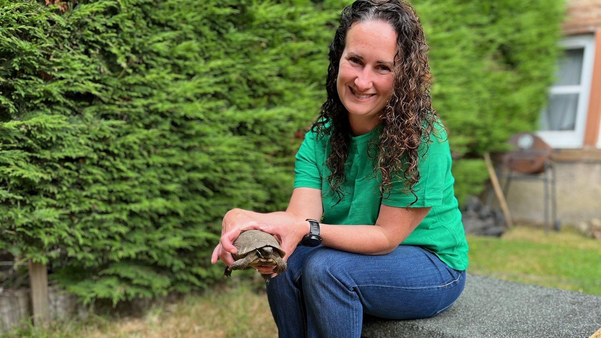 Cathryn with runaway tortoise Tommy