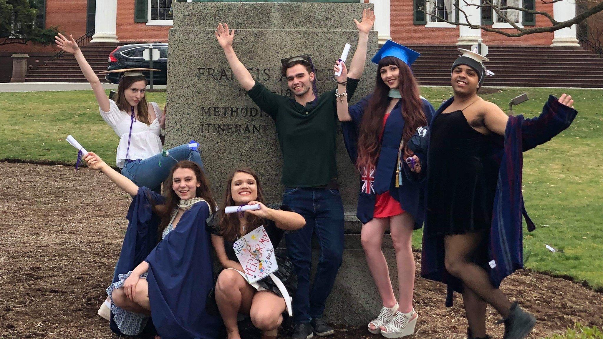 Students pose at their "mock graduation" at Drew University