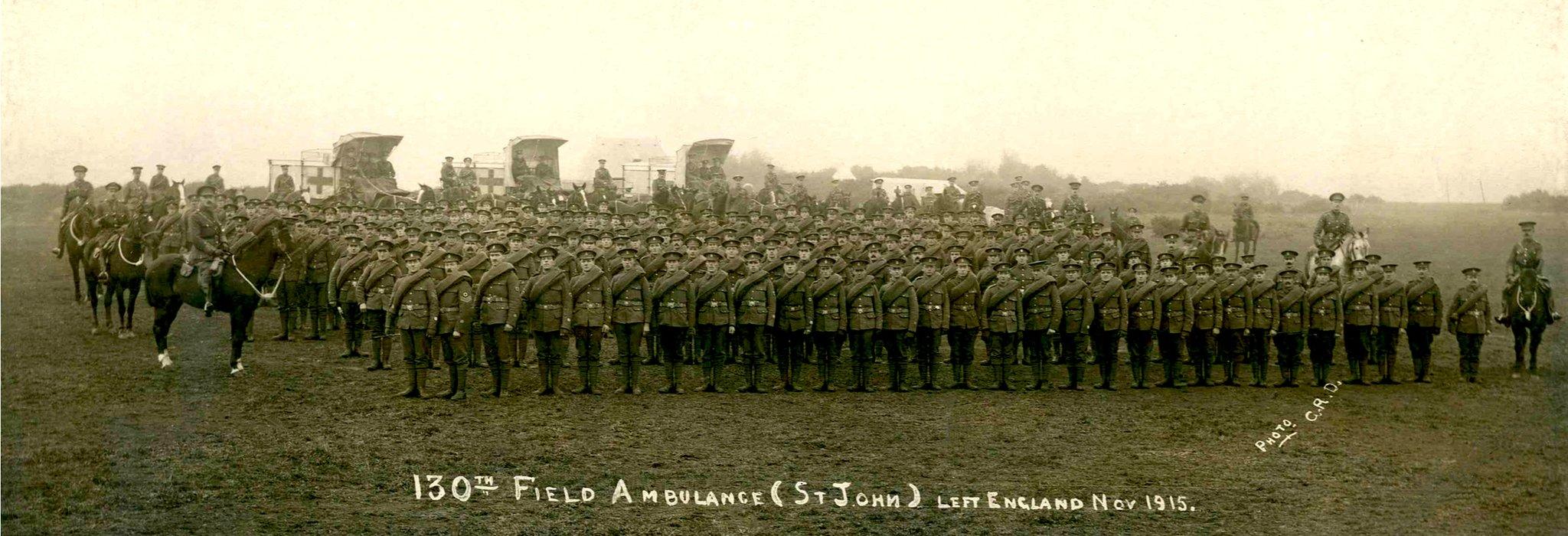 130th (St John) FA - two sections of 60 men, horse-drawn ambulances at rear