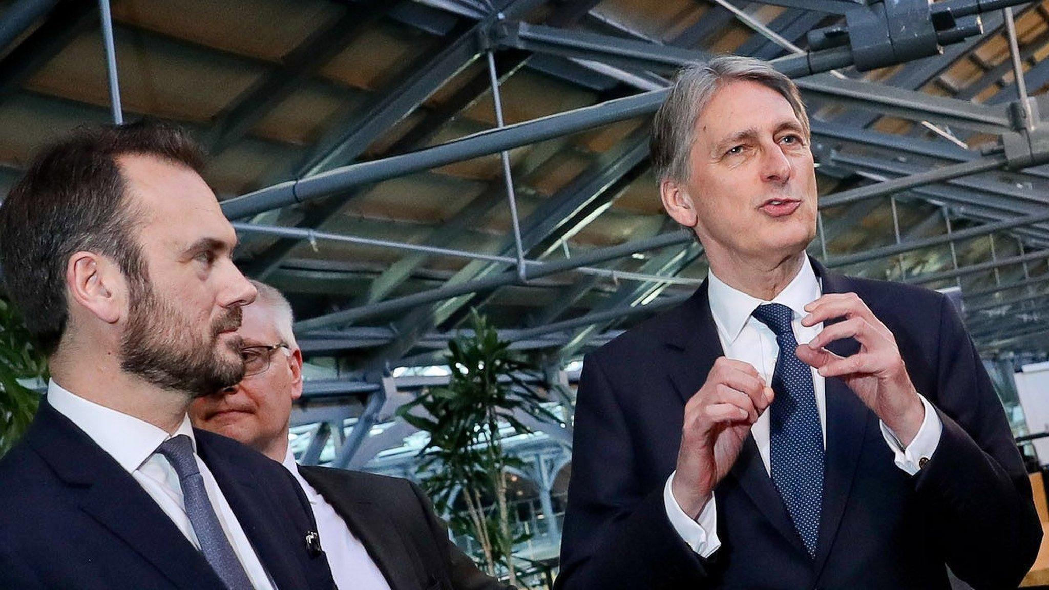 Chancellor of the Exchequer Philip Hammond (centre) meeting Gerry Mallon, CEO of Ulster Bank (second left) and Patrick Walsh, MD of Dogpatch Labs (centre right) during a visit to the Dogpatch Labs co-working space in Dublin