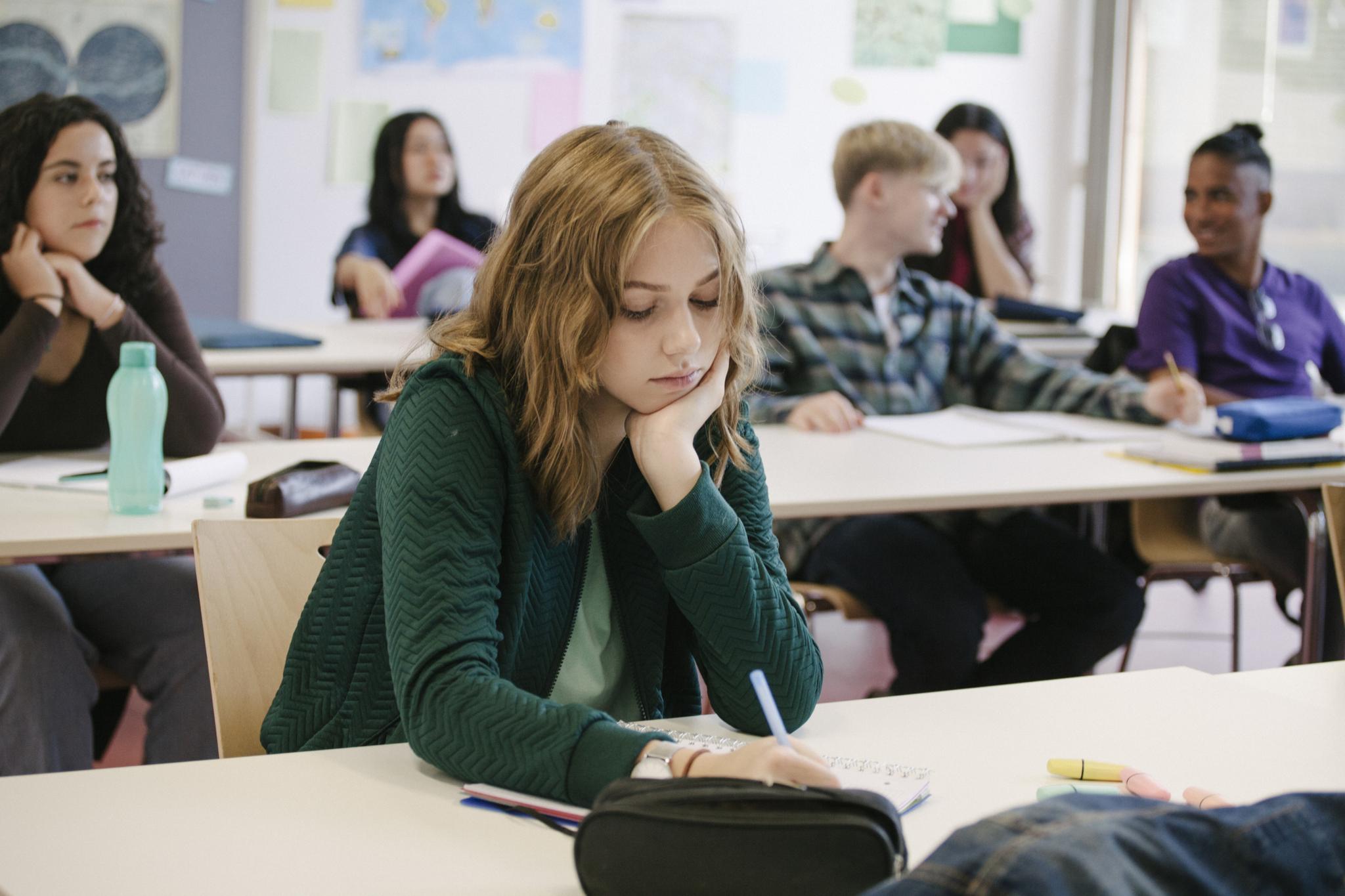 Student Concentrating While Working In Classroom - stock photo