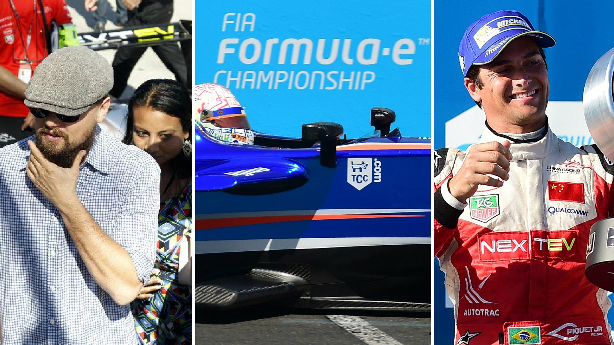 (left to right) Leonardo DiCaprio, Formula E car and Nelson Piquet Jr