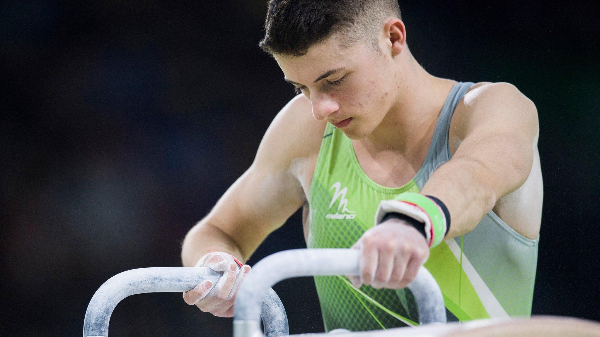 Rhys McClenaghan in pommel horse action on Thursday