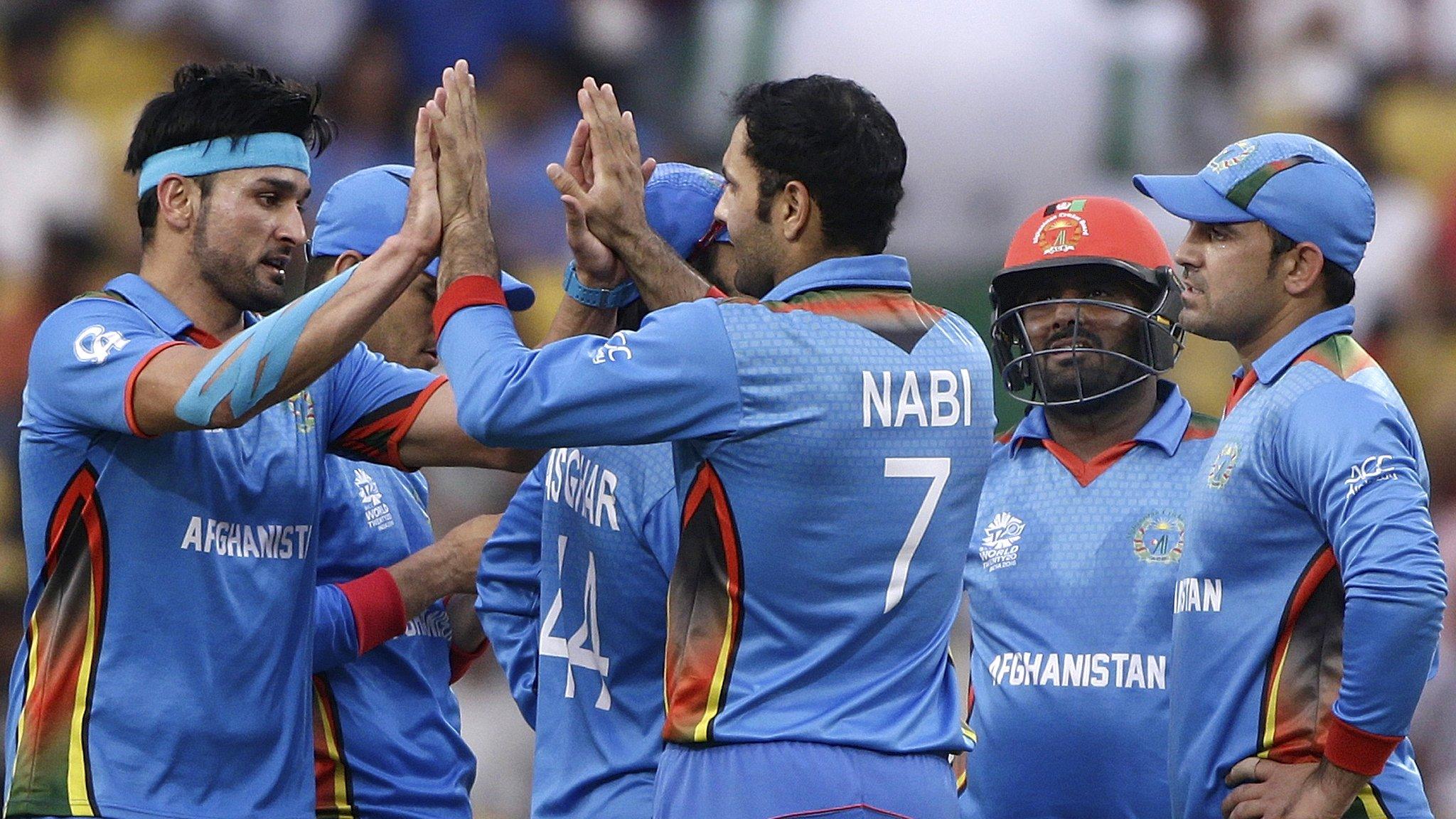 Afghanistan celebrate a wicket for Mohammad Nabi