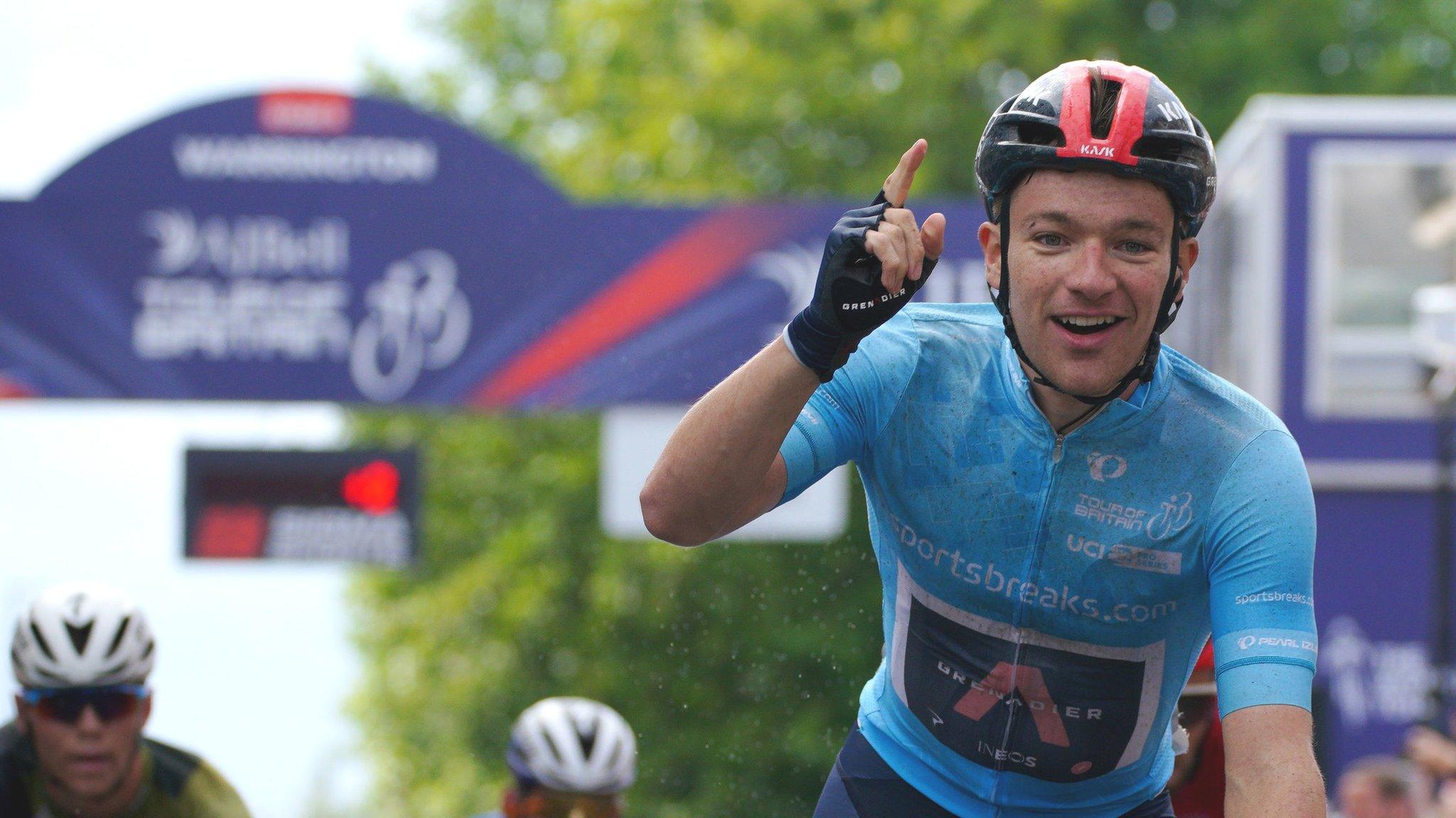 Ethan Hayter celebrates winning stage five of the Tour of Britain