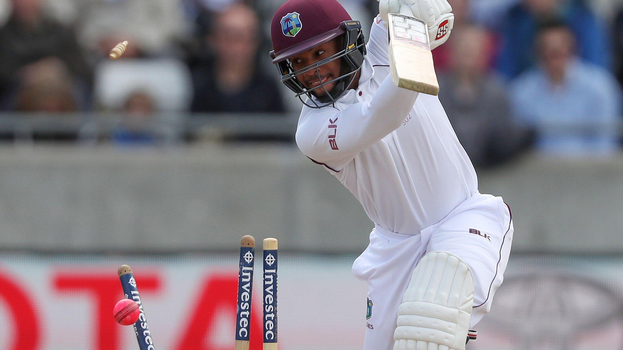 West Indies' Shai Hope is bowled by England"s Toby Roland-Jones during day three of the First Investec Test match at Edgbaston