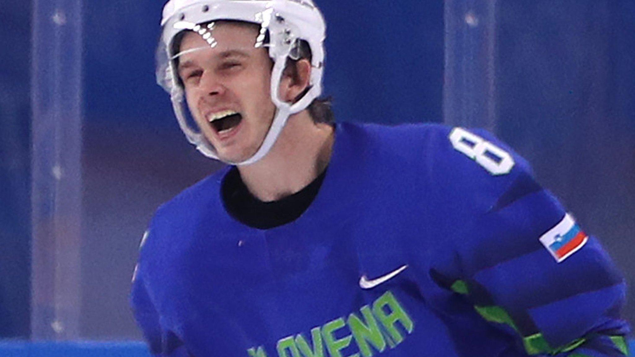 Slovenia ice hockey player Ziga Jeglic celebrates after scoring against Slovakia