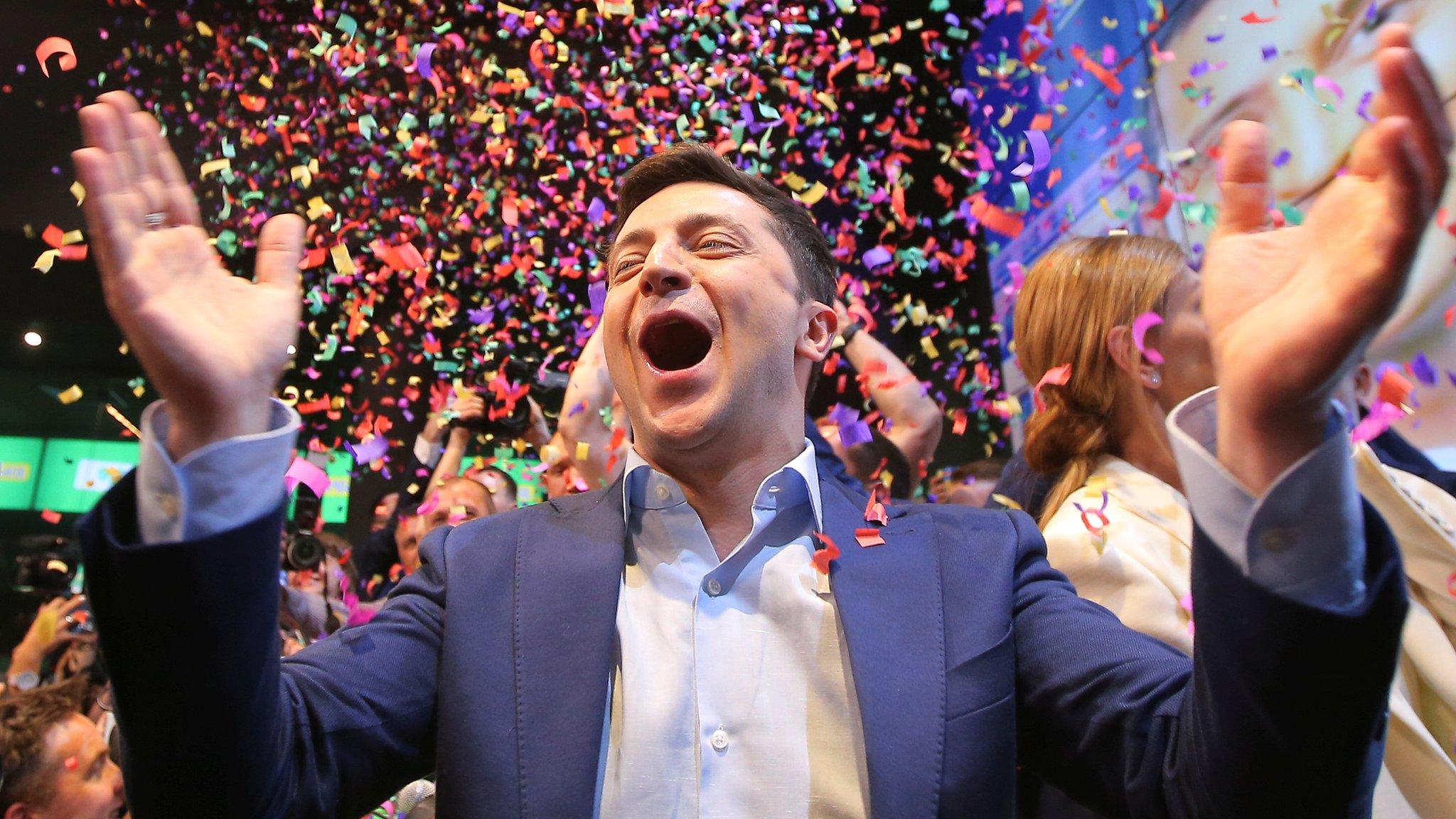 Volodymyr Zelensky celebrates in Kiev. 21 April 2019