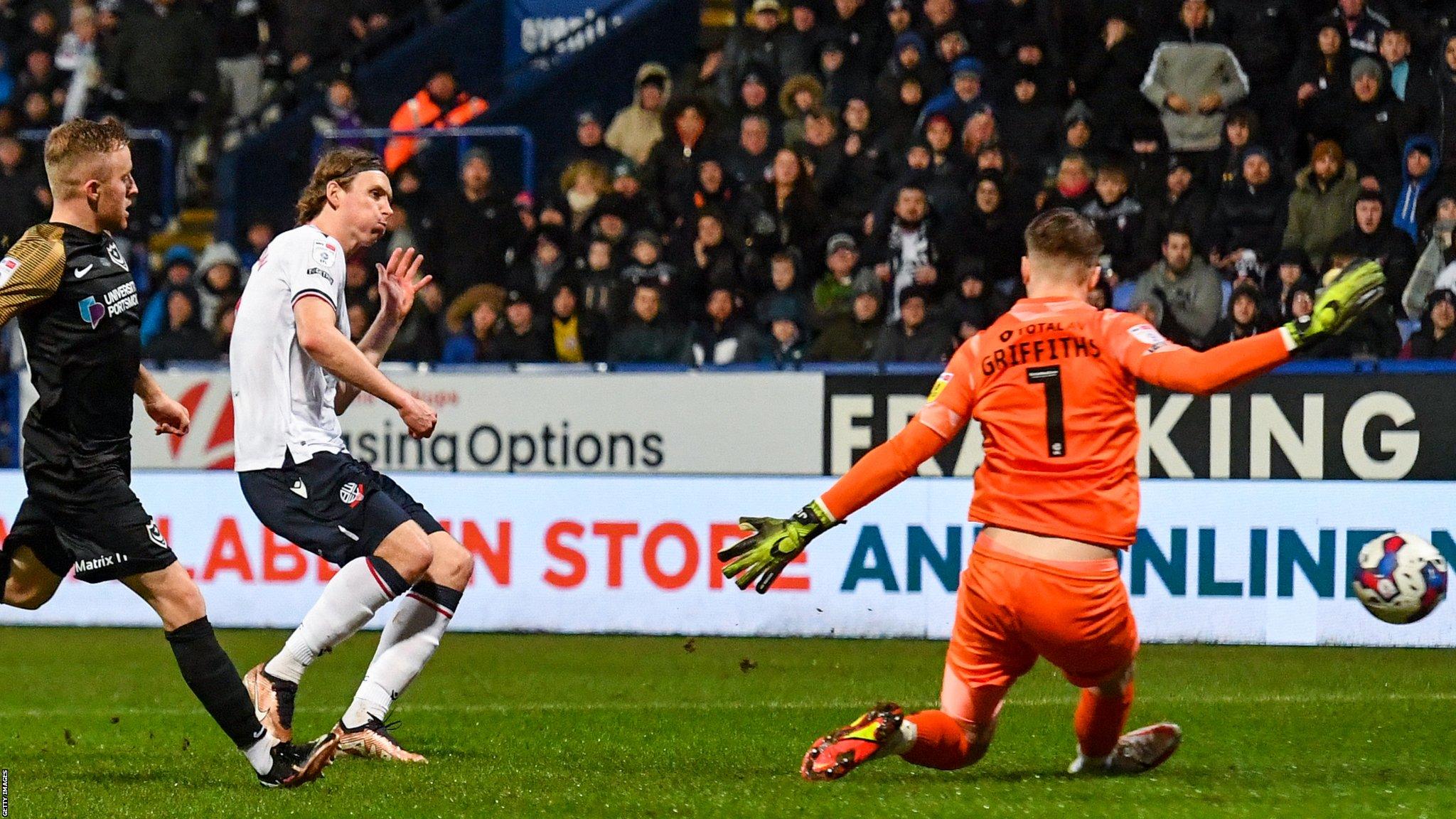 Jon Dadi Bodvarsson scores Bolton's winner against Portsmouth in the EFL Trophy quarter-finals