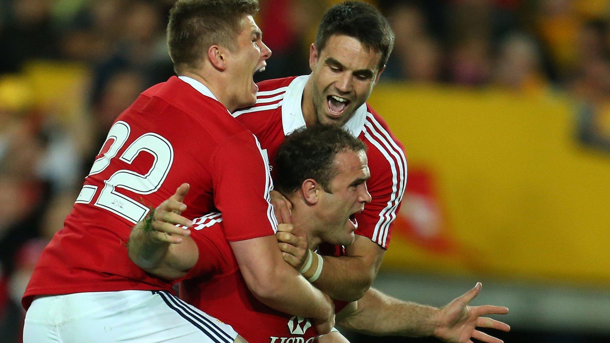 Jamie Roberts of the Lions celebrates after scoring a try