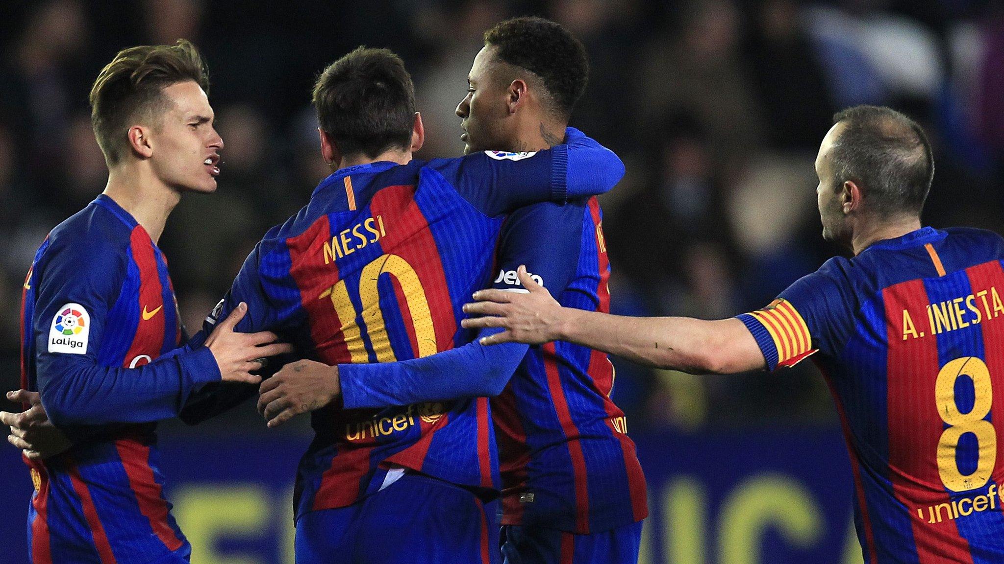 Lionel Messi celebrates equalising for Barcelona against Villarreal