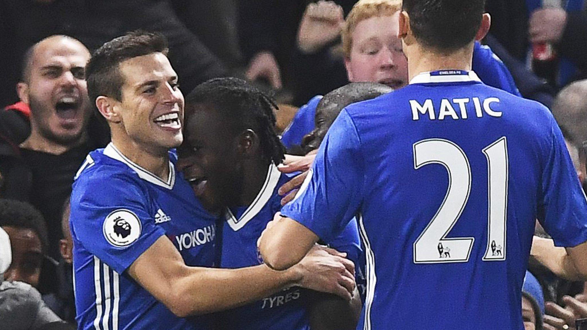 Victor Moses congratulated by team-mates