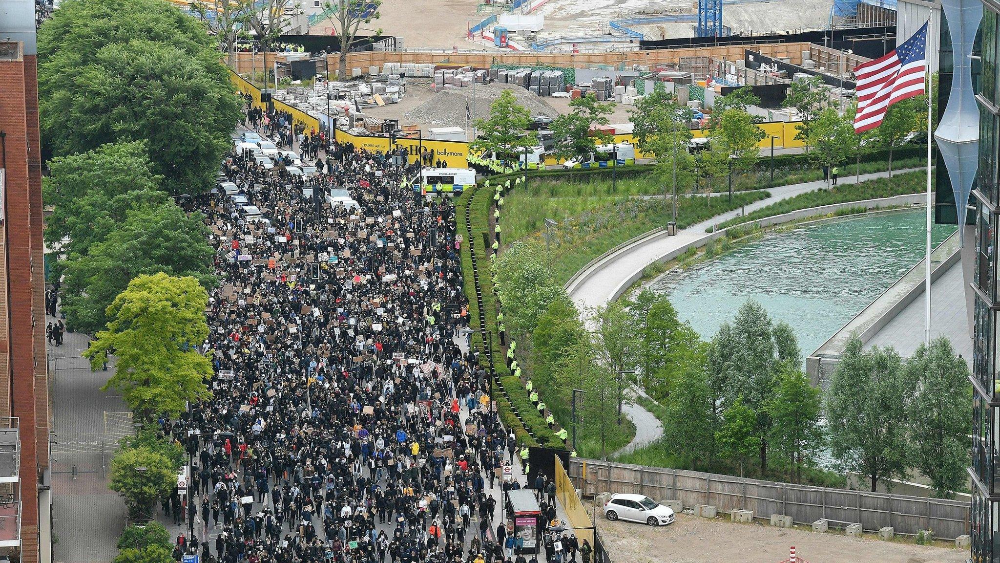 Protesters outside the US embassy in London