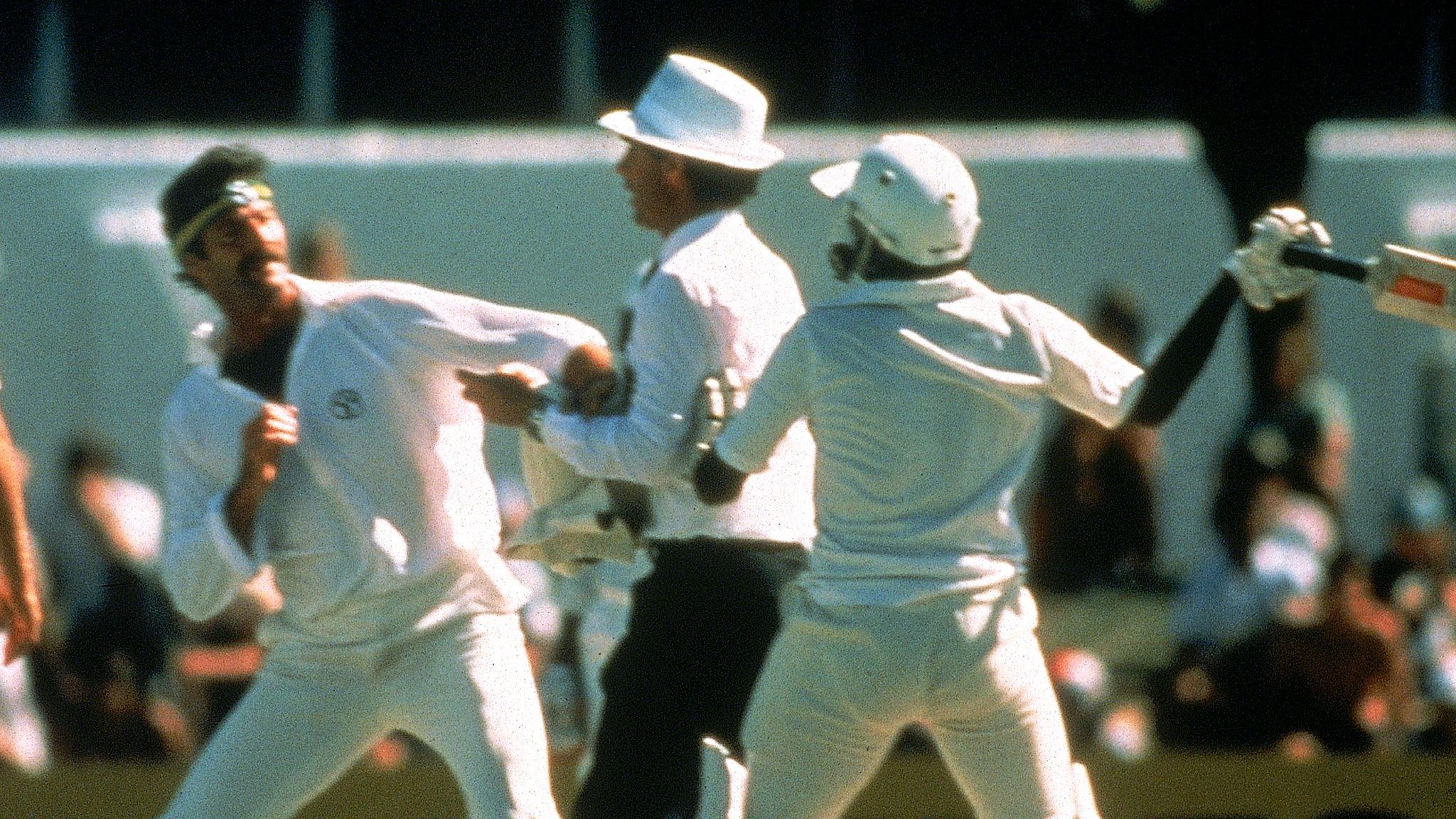 Dennis Lillee of Australia and Javed Miandad of Pakistan have a coming together